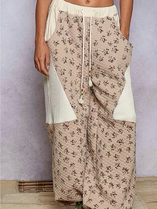 POL Pants - POL Quilted Floral Lounge Boho Pants in Cream and Dusty Rose